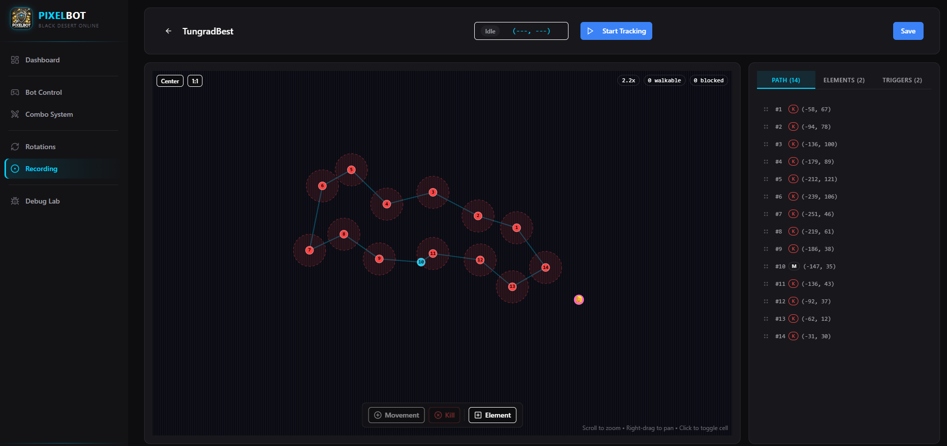 BDO PixelBot spot recording interface showing waypoint navigation on a grind spot map